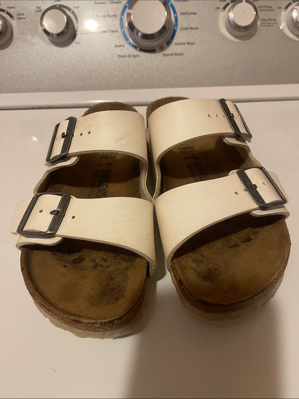 Birkenstock White Double Strap Sandals with Metal Buckles